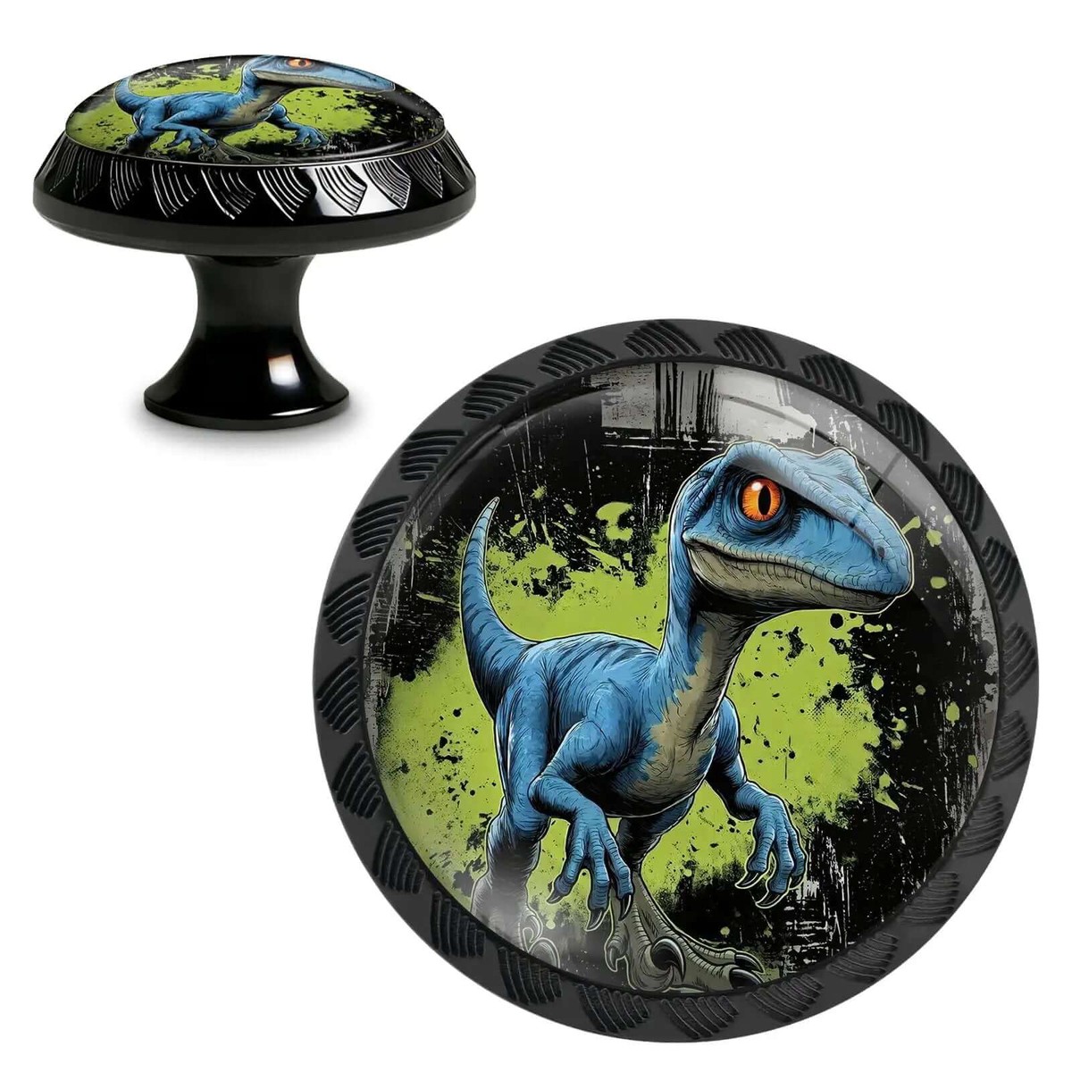 4 Pack Graffiti Velociraptor Dinosaur Cabinet Knobs Round Acrylic Drawer Pulls For Dresser Cabinets Wardrobe Cupboards And Kitchen Handles Bold Blue Dino Decor For Kids Rooms And Modern Ho