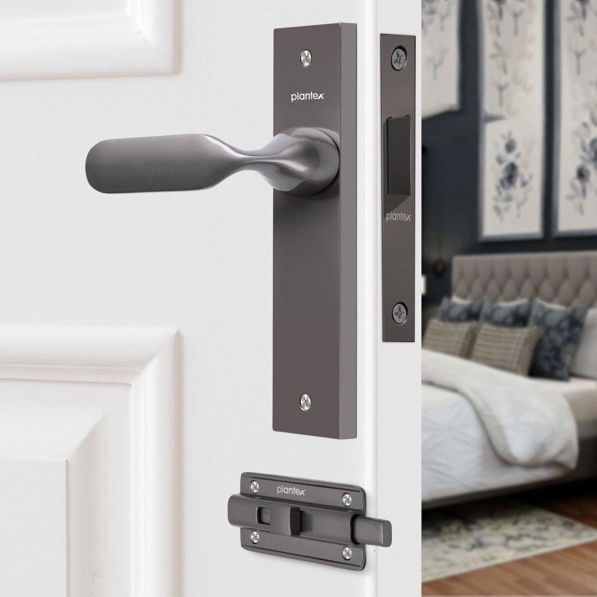 Plantex Heavy Duty Door Lock Bathroom Door Lock/Mortise 8inch Keyless Plate Handle Set for Home/Bathroom/Store Room/Balcony/Office with Baby Latch (8106, Satin Black)