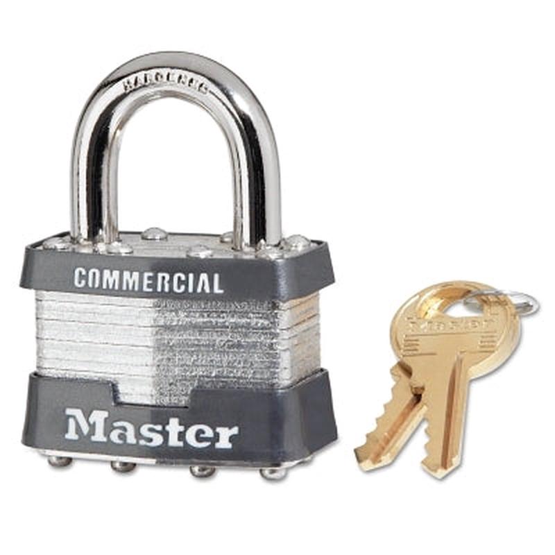 Master Lock 1KA3357 No. 1 Laminated Steel Padlock, 5/16 in dia, 3/4 in W x 15/16 in H Shackle, Silver/Gray, Keyed Alike, Keyed 3357